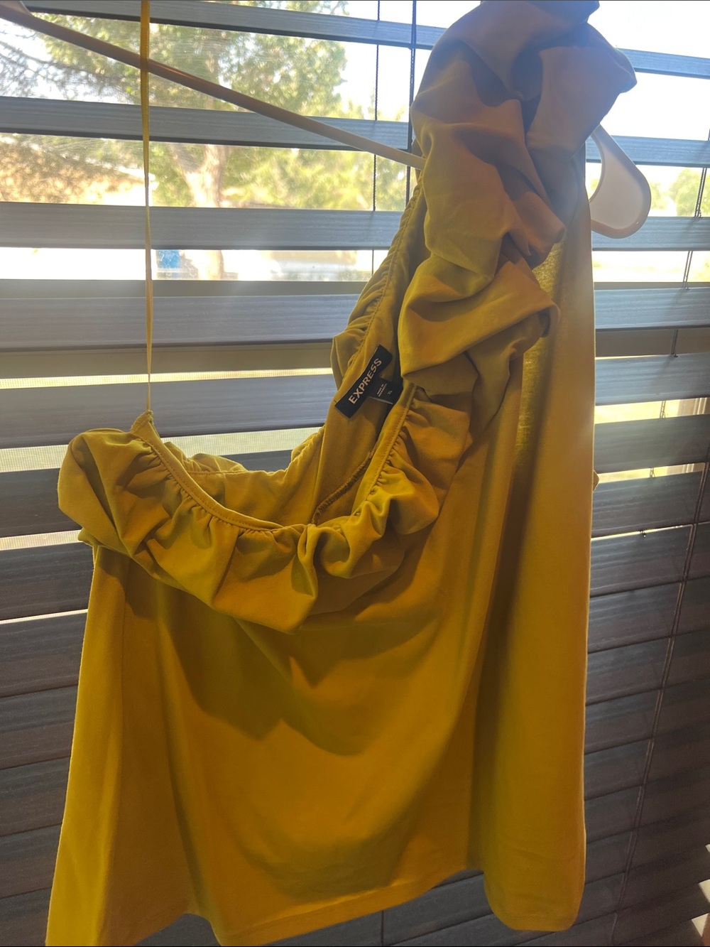 Express Mustard Ruffle One-Shoulder Top - Picture 1 of 3